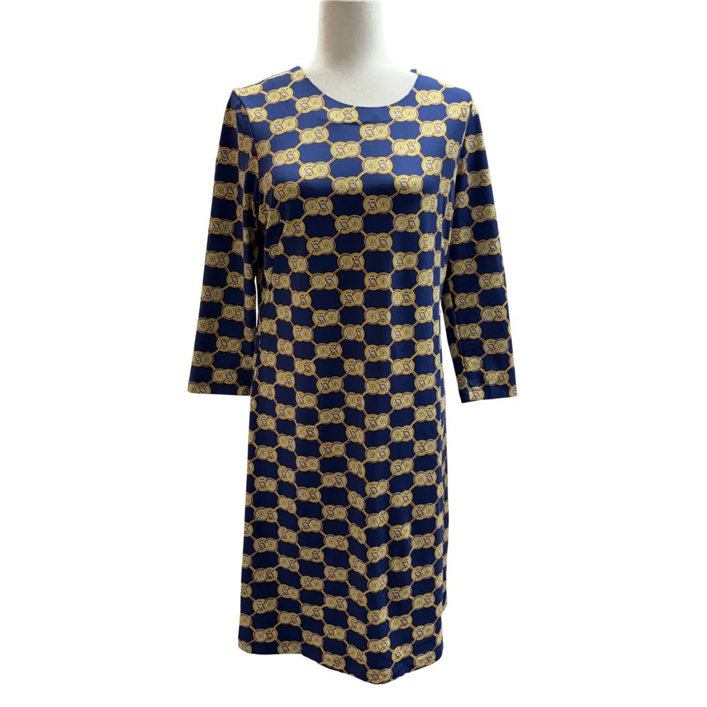 J.McLaughlin Sophia Dress Navy Gold Heraldic Knot Midi Catalina Cloth Large NWT